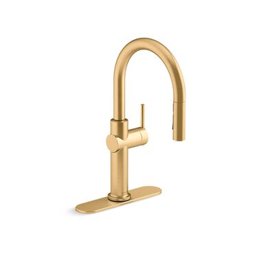 Llave monomando alta para cocina con rociado Crue dorado